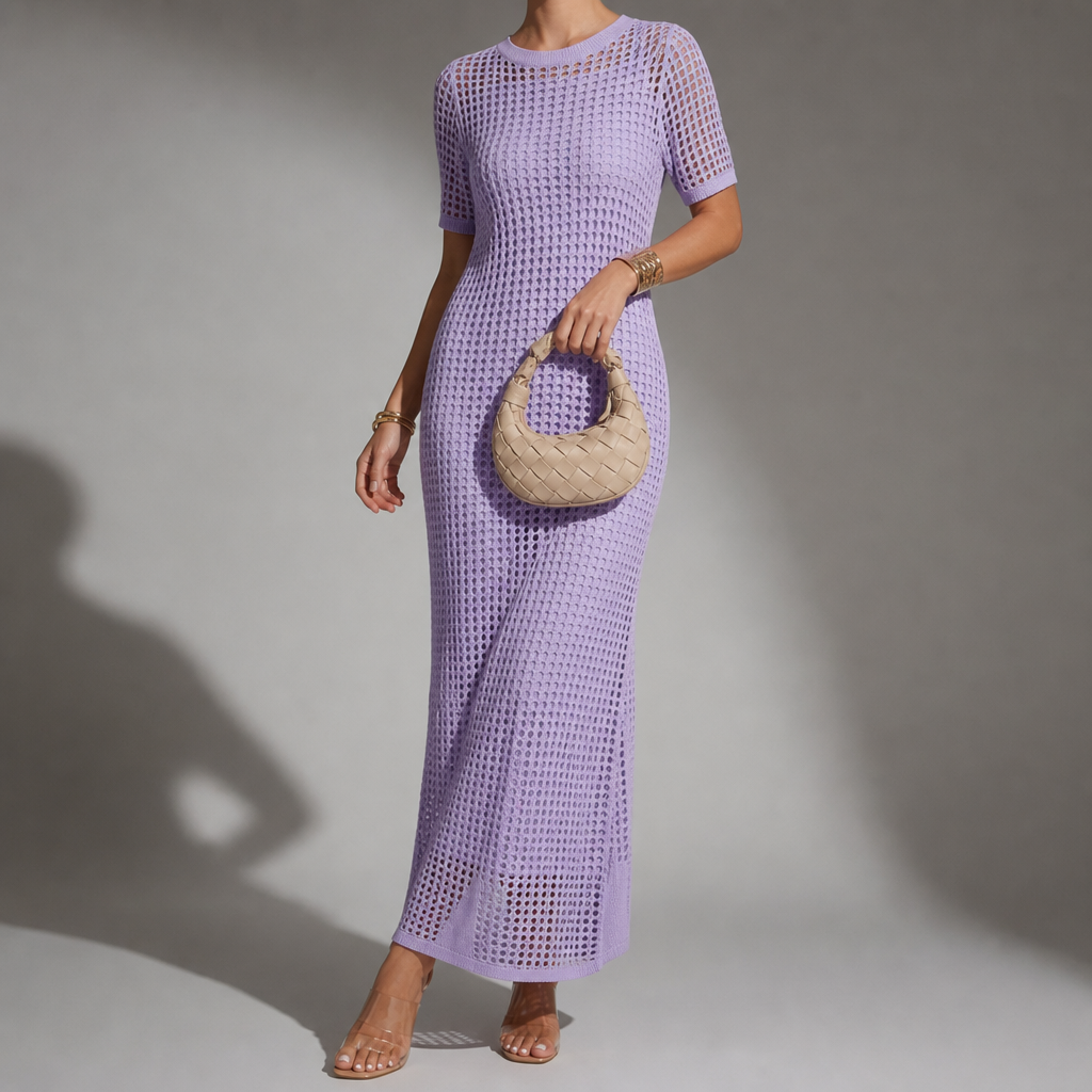 Mijas Crochet Hollow-Out Maxi Dress in Purple