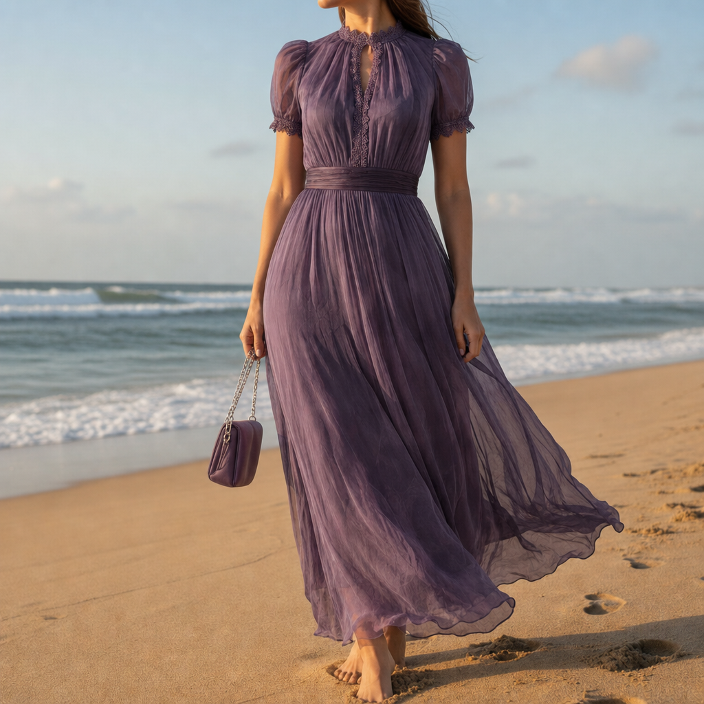 Segovia Lace Trim Chiffon Maxi in Purple