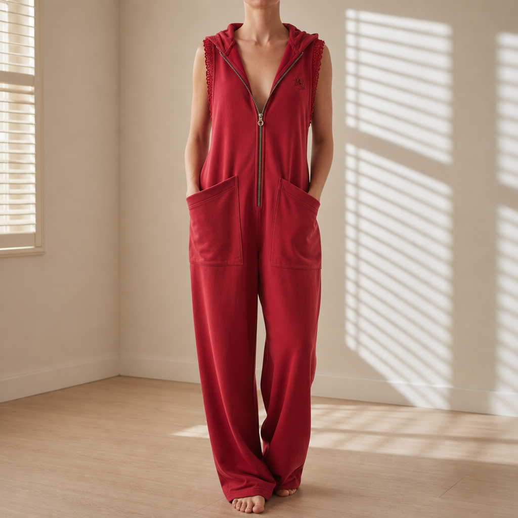 Lefkada Hooded Zip Jumpsuit in Raspberry Red
