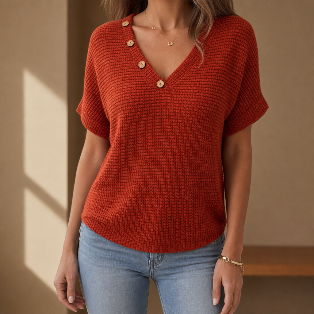 Biot Waffle Knit Button Top in Red
