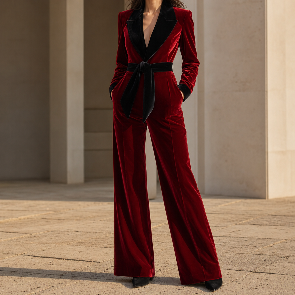 Sperlonga Velvet Belted Jumpsuit in Red