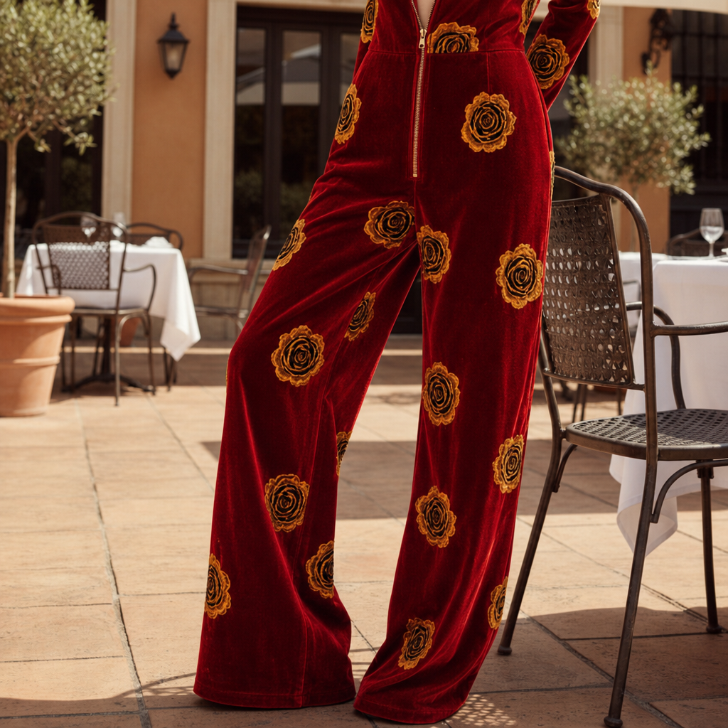 Apt Rose Print Velvet Jumpsuit in Red