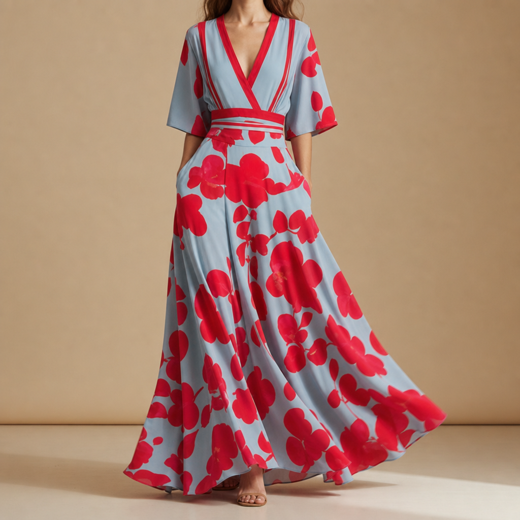 Trento Floral V-Neck Maxi Dress in Red
