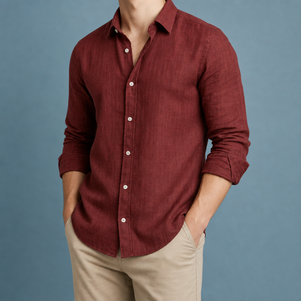 Lucca Linen Button-Up Shirt in Red