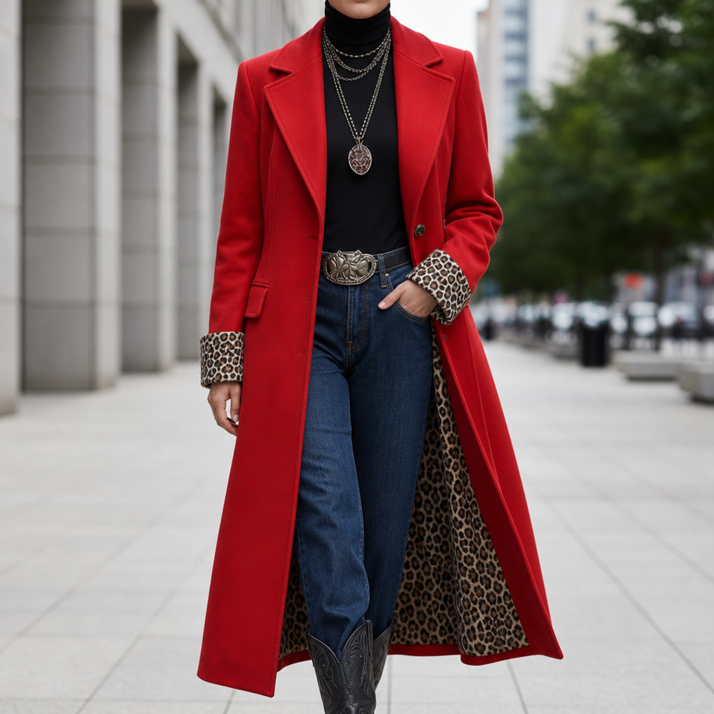 Cadaques Leopard Lined Longline Coat in Red