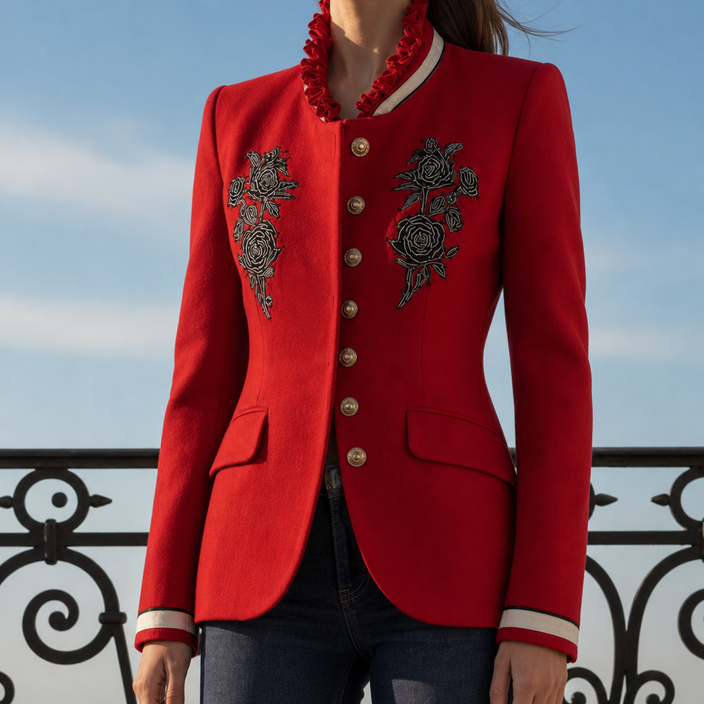 Menton Rose Embroidered Military Jacket in Red