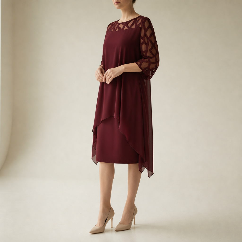 Olhao Lace Overlay Chiffon Dress in Red Wine