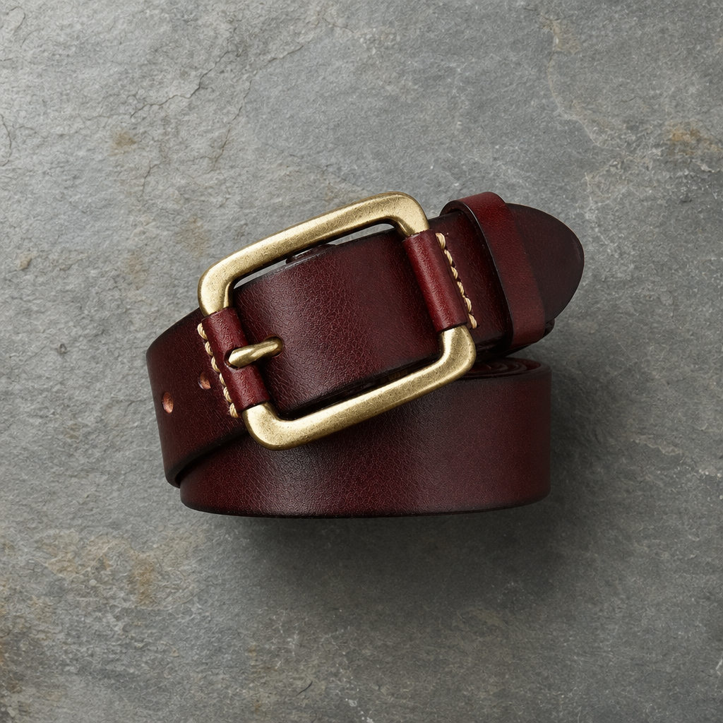 Mougins Brass Buckle Leather Belt in Reddish Brown