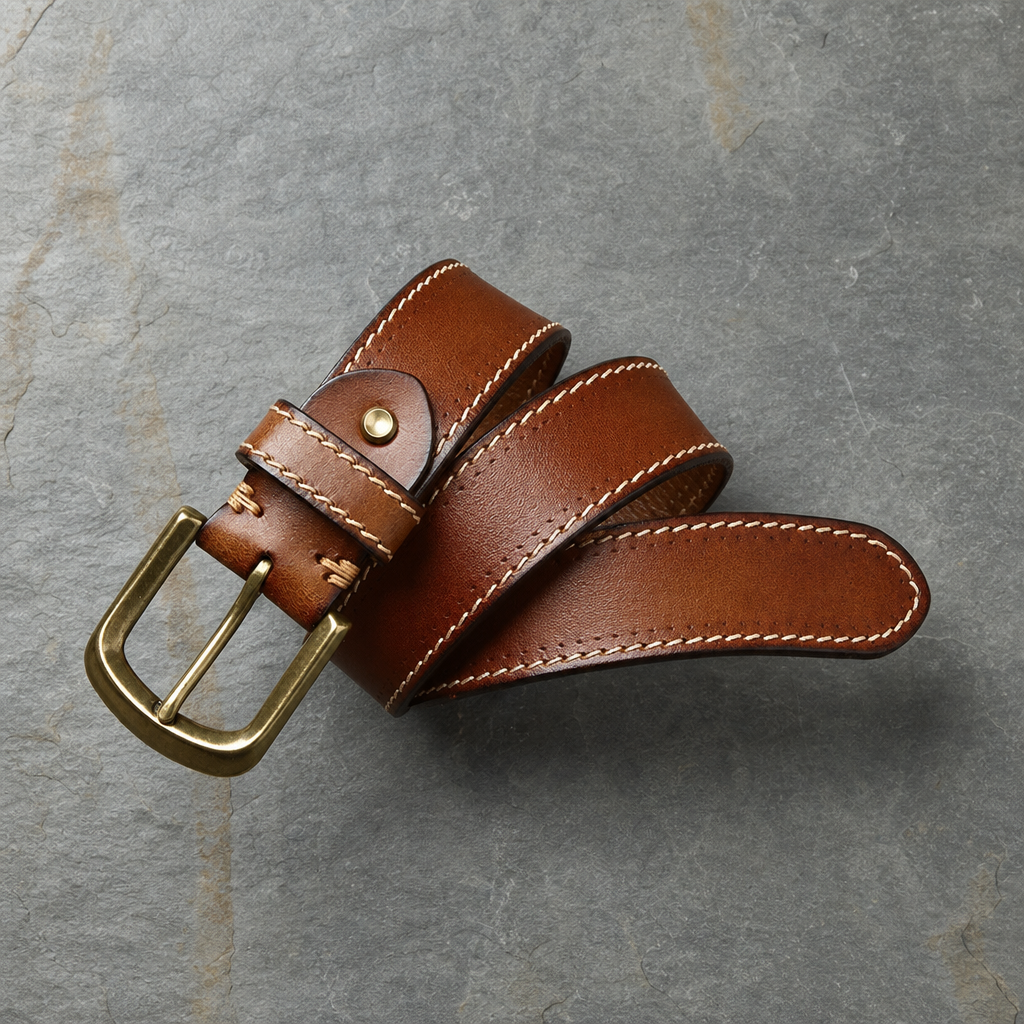 Porto Vecchio Hand-Stitched Leather Belt in Saddle Brown