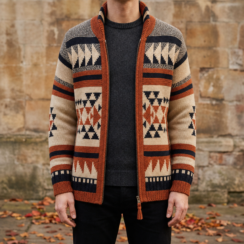 Spoleto Geometric Knit Cardigan Jacket in Saddlebrown