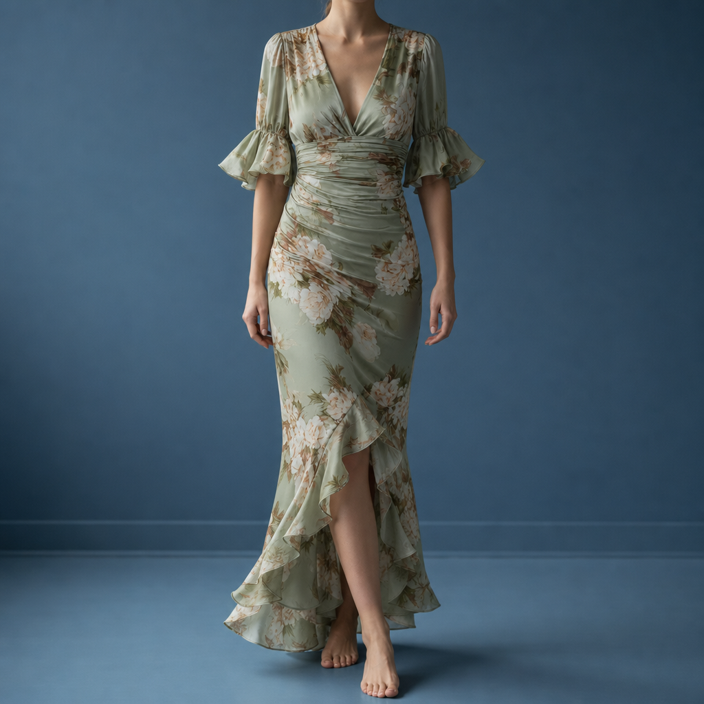 Ithaca Floral Ruffle Maxi Dress in Sage Green