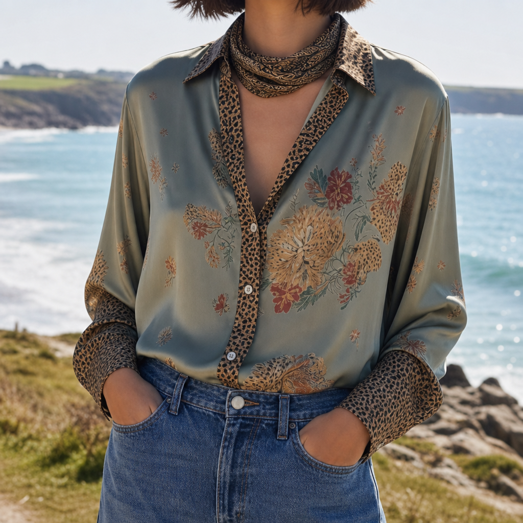 Nafplio Satin Floral Blouse in sage green
