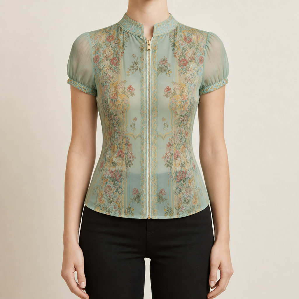 Palamos Floral Zip Chiffon Blouse in Sage Green