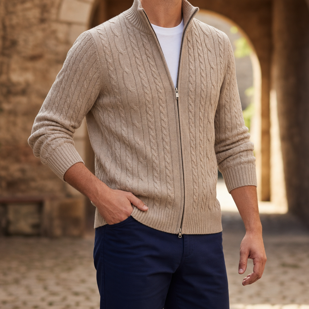 Hvar Cable Knit Zip Cardigan in Sandstone