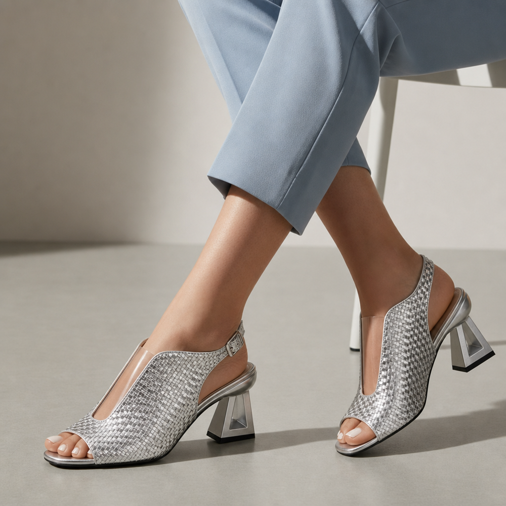 Madeira Woven Silver Block Heels in Silver
