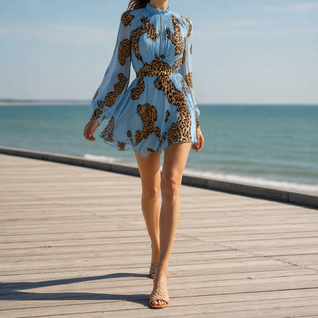 Cassis Leopard Print Chiffon Mini Dress in Sky Blue
