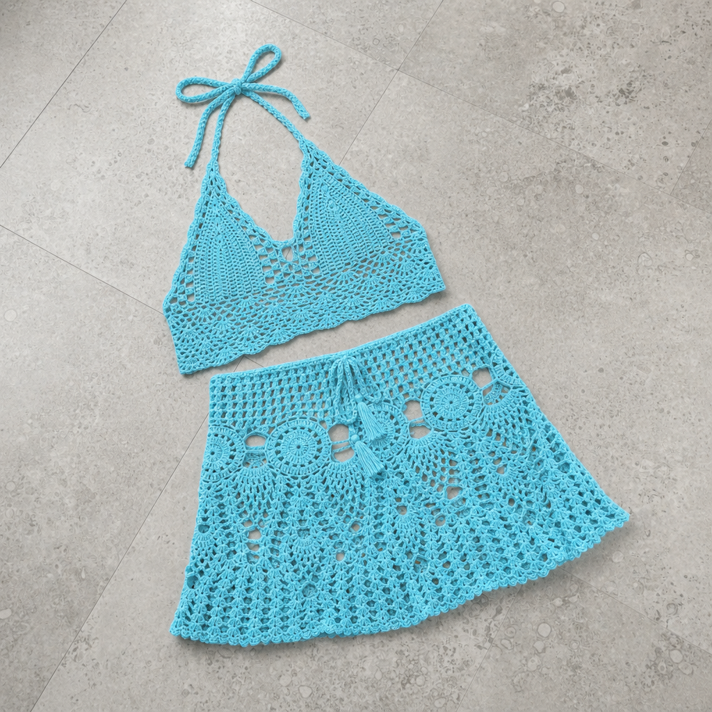 Porteza Crochet Halter Co-Ord Set in Skyblue