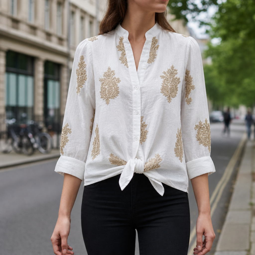 Folegandros Gold Embroidered Blouse in Soft White
