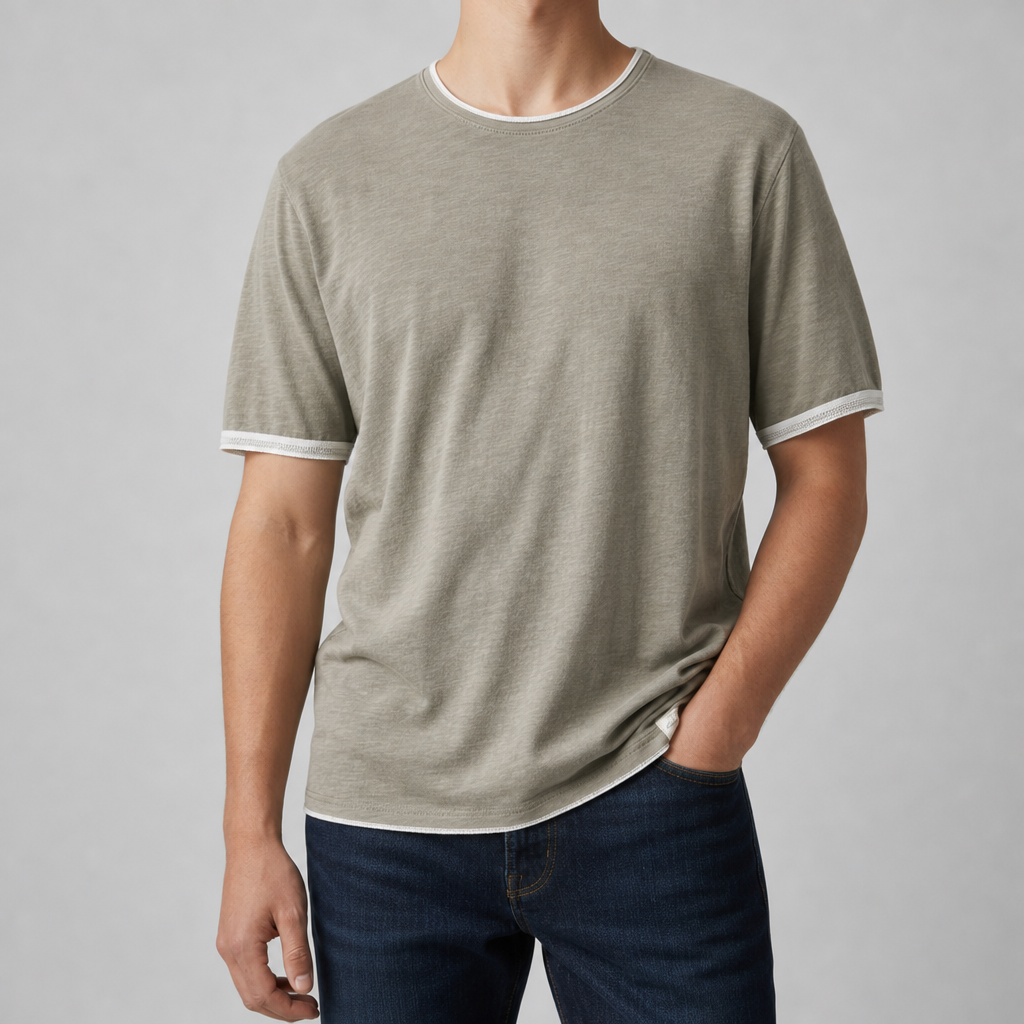 Ravello Vintage Contrast Trim Tee in Stone Khaki