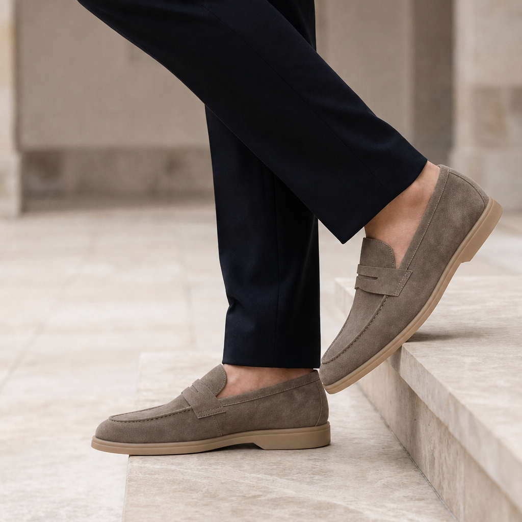 Calvero Suede Penny Loafers in Taupe