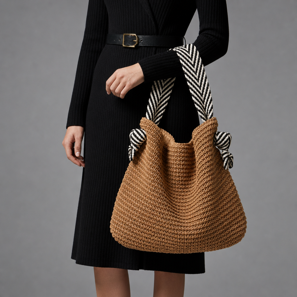 Caceres Striped Strap Woven Tote in Warm Brown