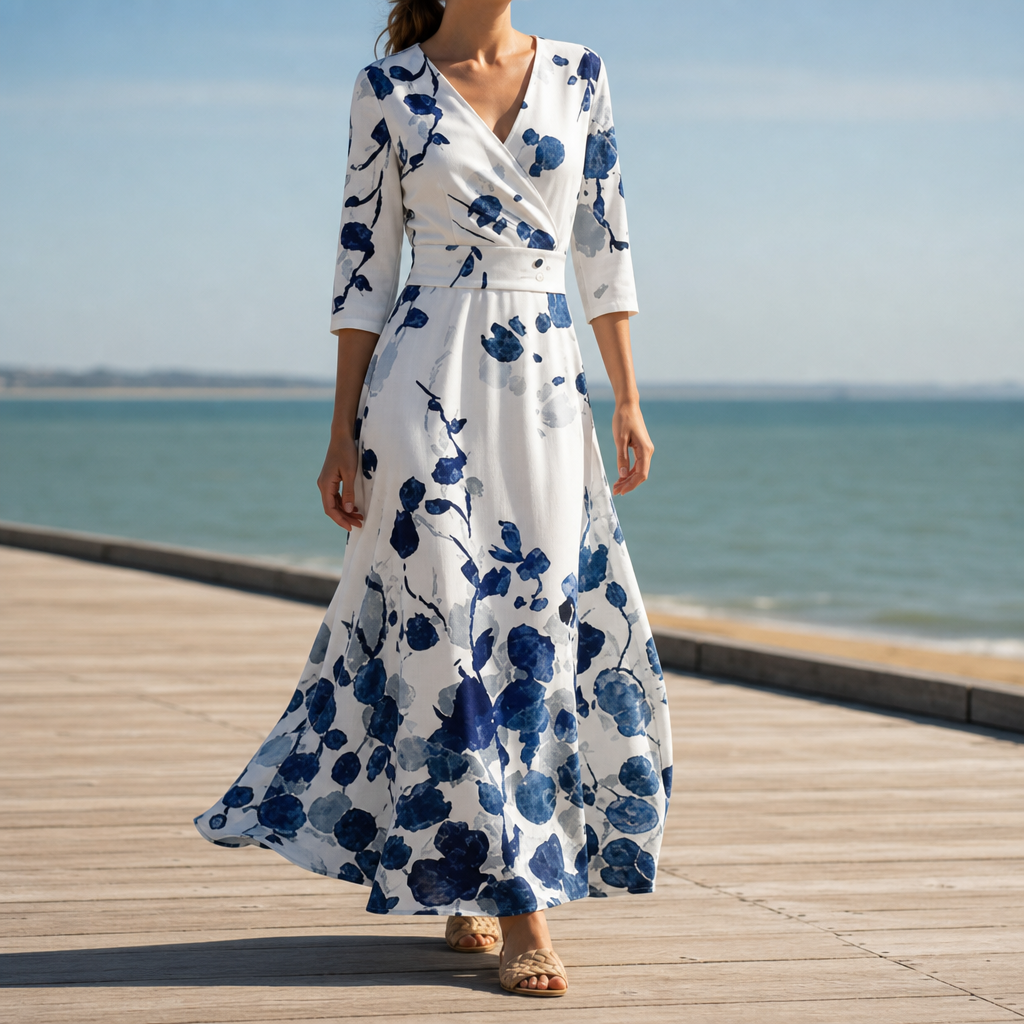 Kefalonia Floral Wrap Maxi Dress in White Blue