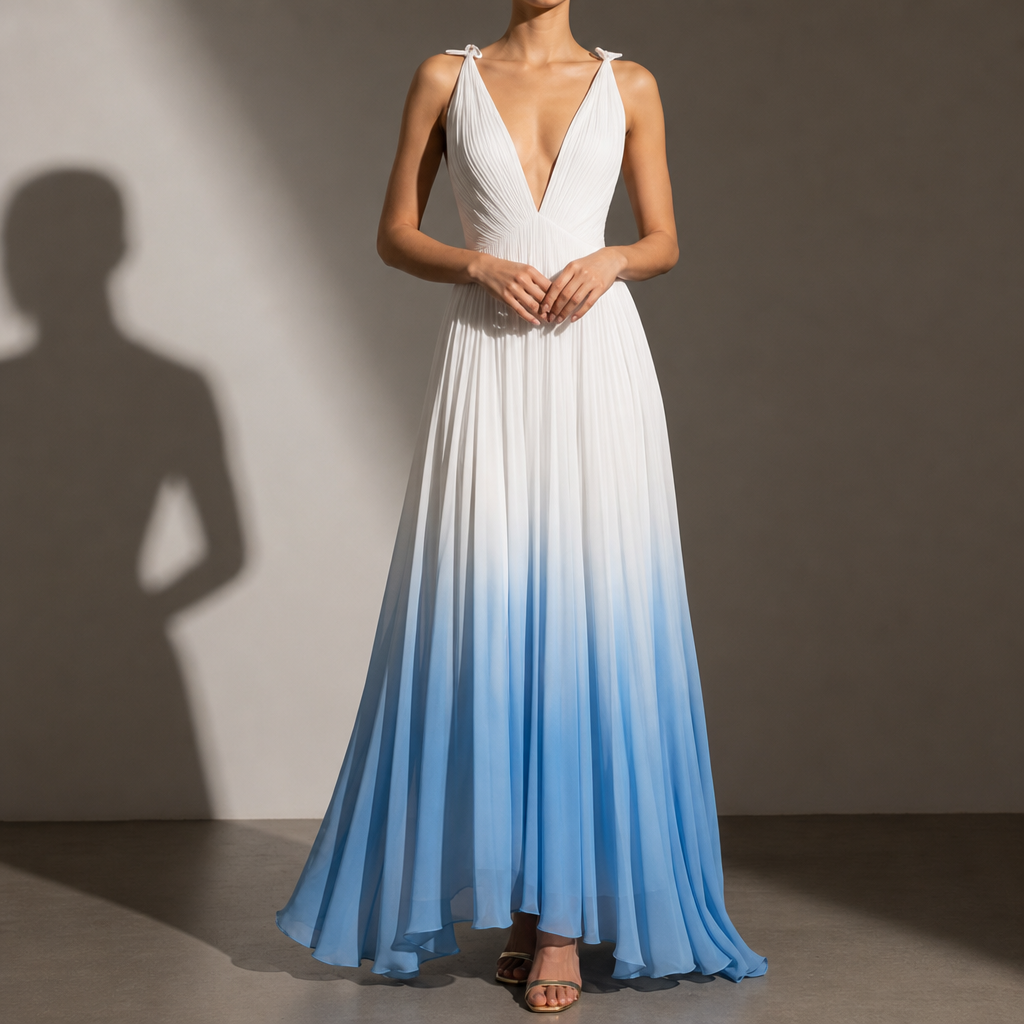 Valldemossa Gradient Pleated Maxi Dress in White&Blue
