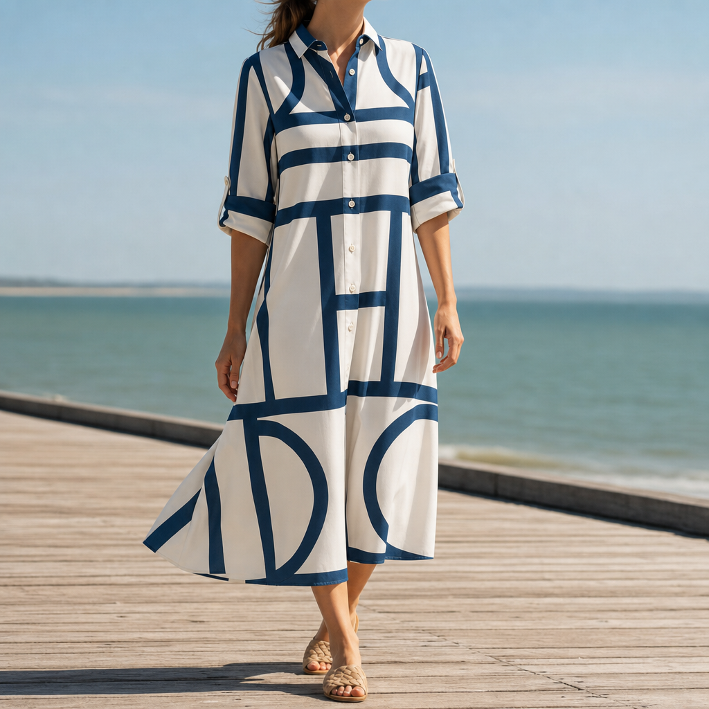 Hydra Geometric Print Shirt Dress in White Blue