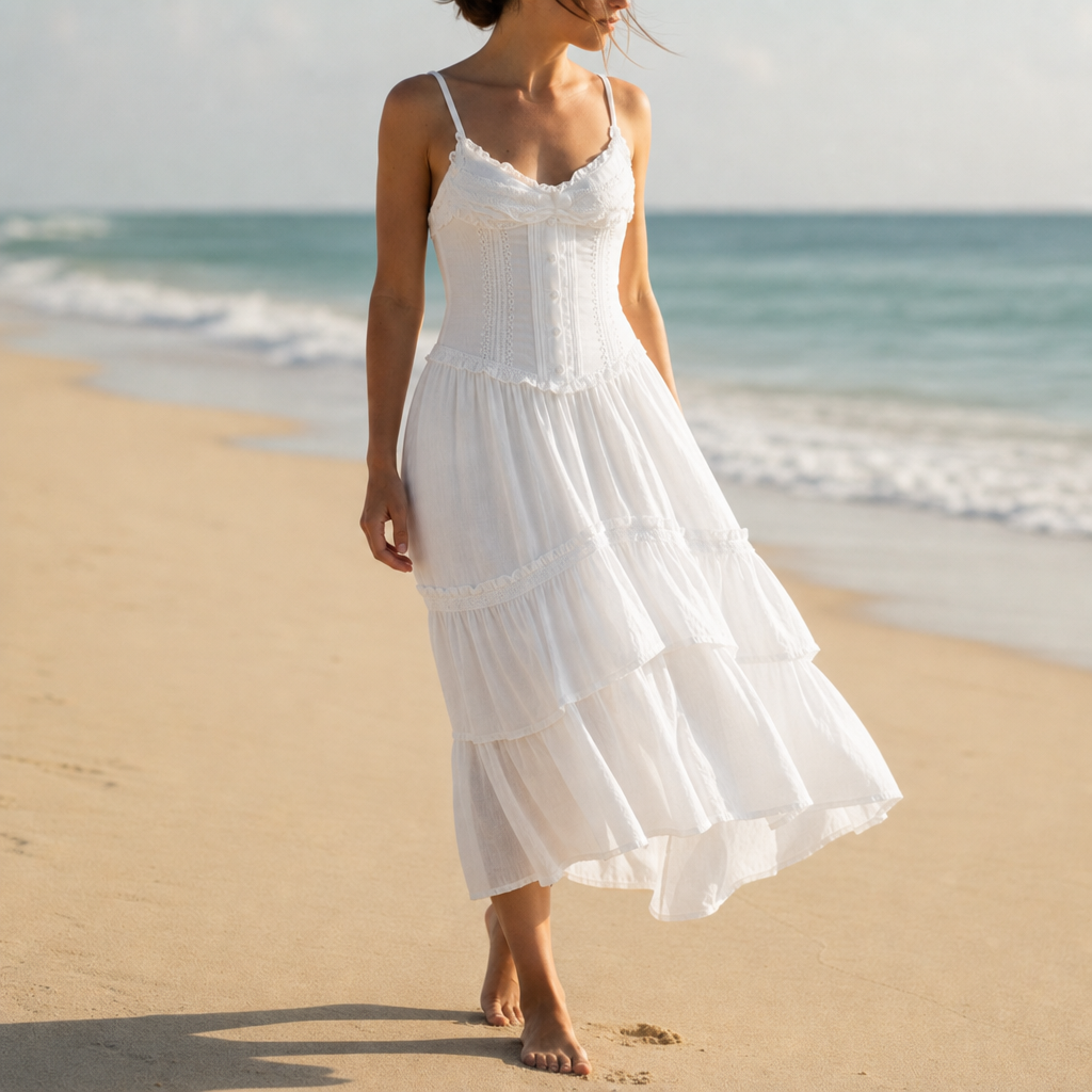Hyeres Corset Tiered Midi Dress in White