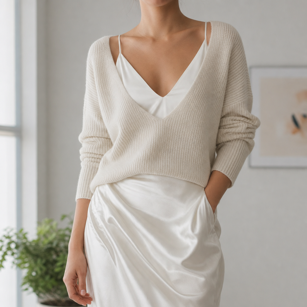 Vence Knit Sweater Satin Set in White