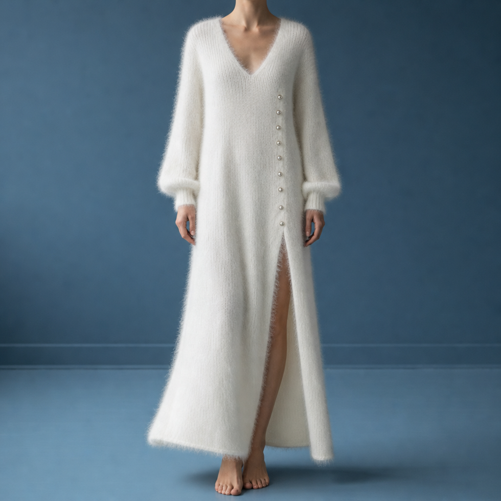 Sifnos Fluffy Knit Midi Dress in White
