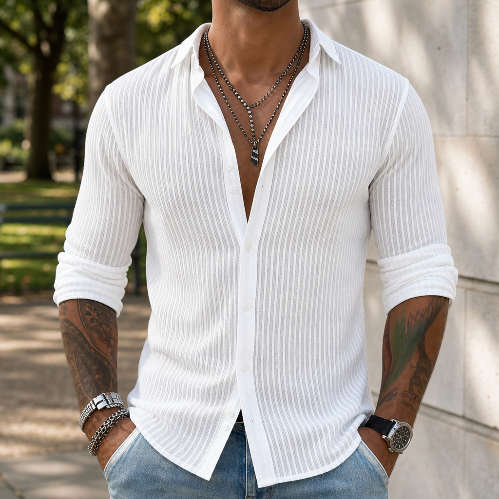 Trujillo Striped Lapel Button Shirt in White