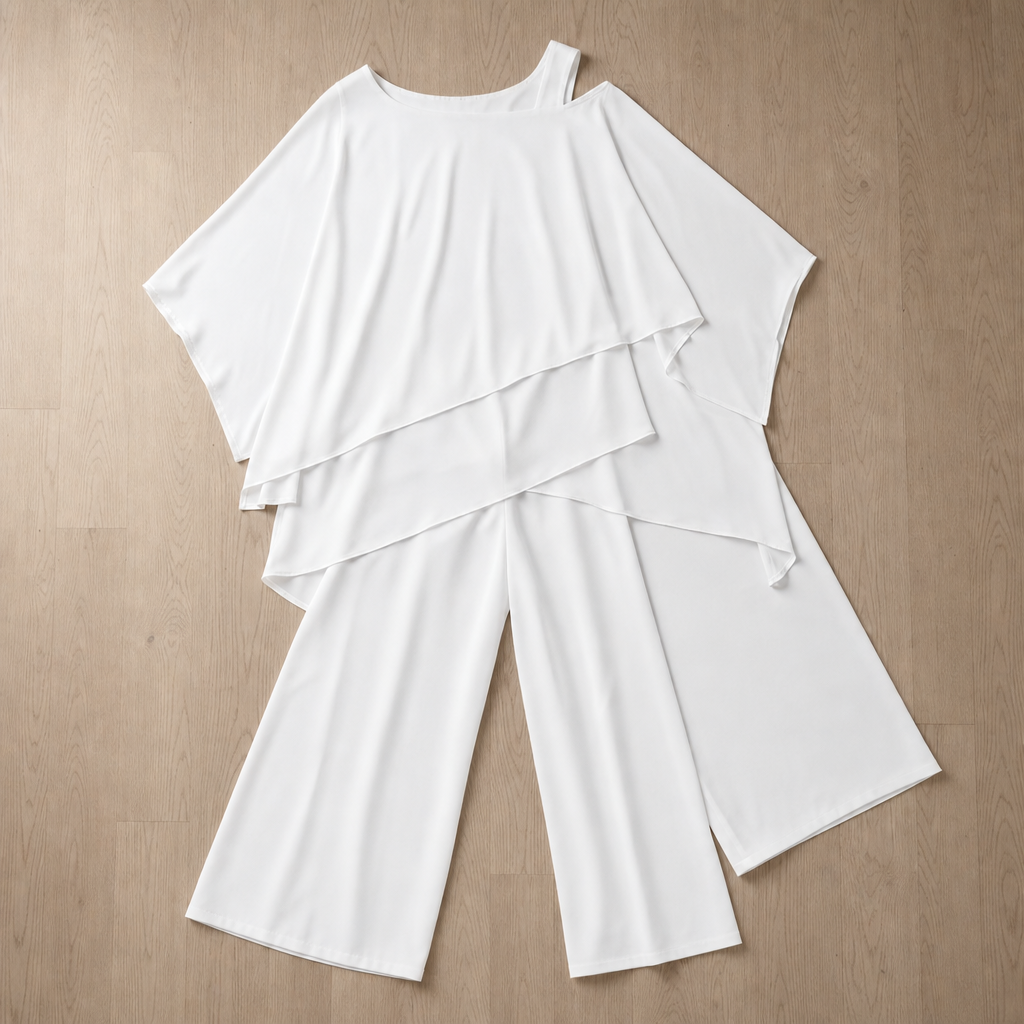 Obidos Layered Chiffon Pants Set in White