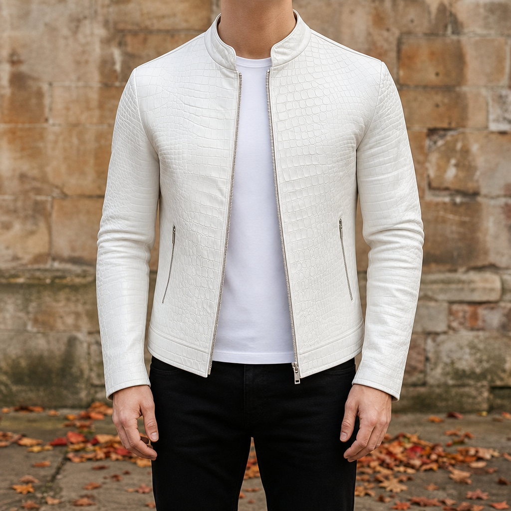 Erice Croc Pattern Leather Jacket in White