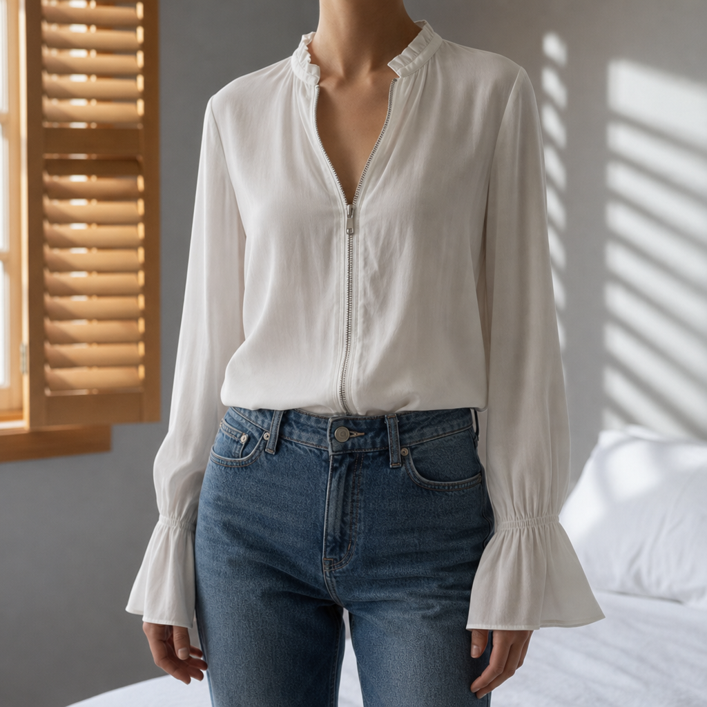 Murcia Zip-Front Flounce Blouse in White