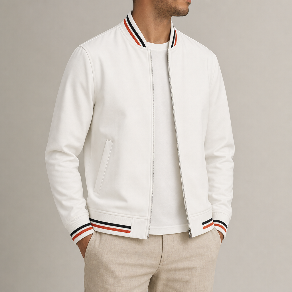 Split Striped Trim Zip Jacket in White