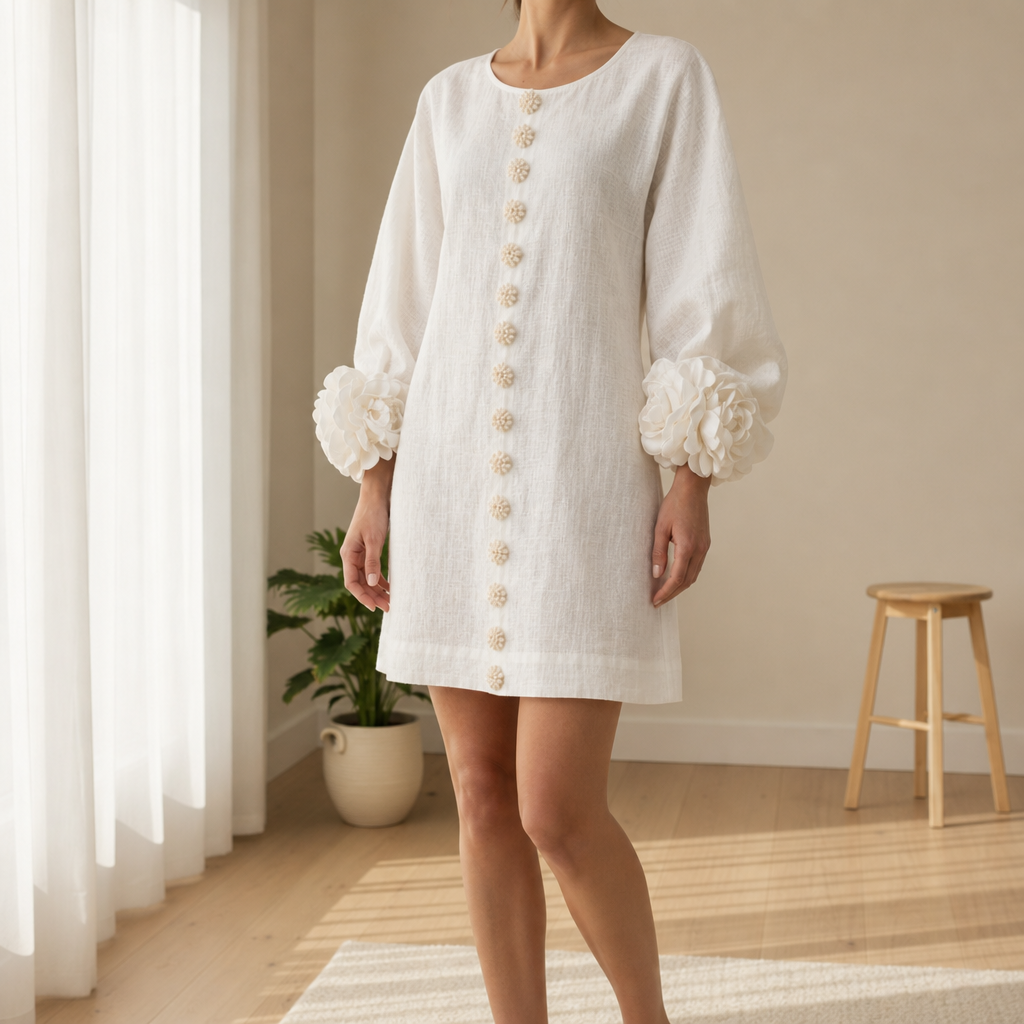 Marvao Rosette Cuff Linen Dress in White