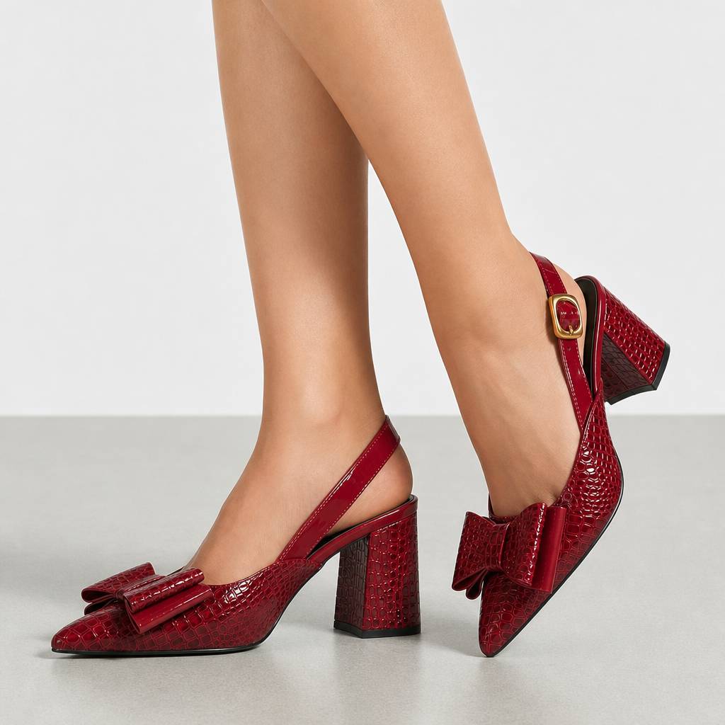 Menerbes Bow Slingback Block Heels in Wine Red