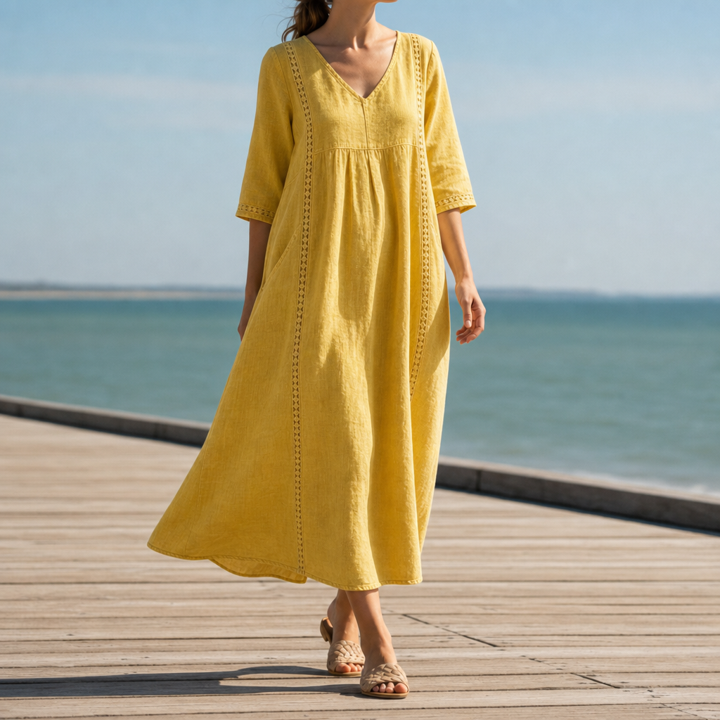 Alonnisos Lace Trim Midi Dress in Yellow