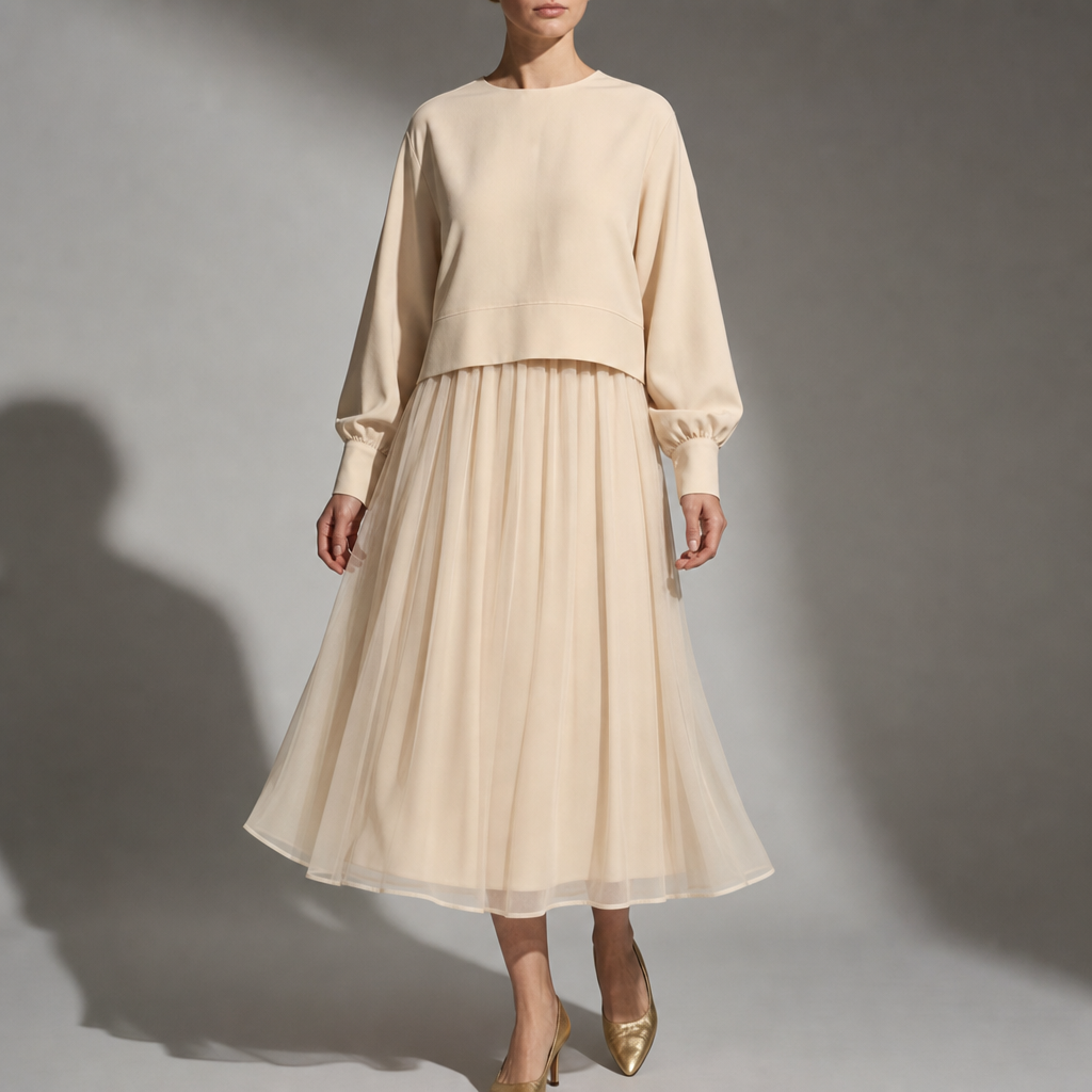 Ios Layered Tulle Midi Dress in Apricot