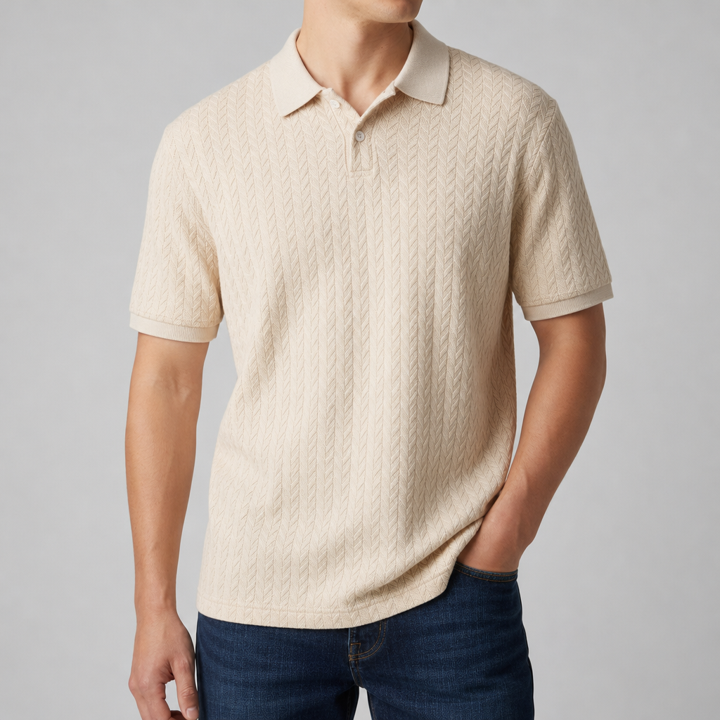 Split Textured Knit Polo in Apricot