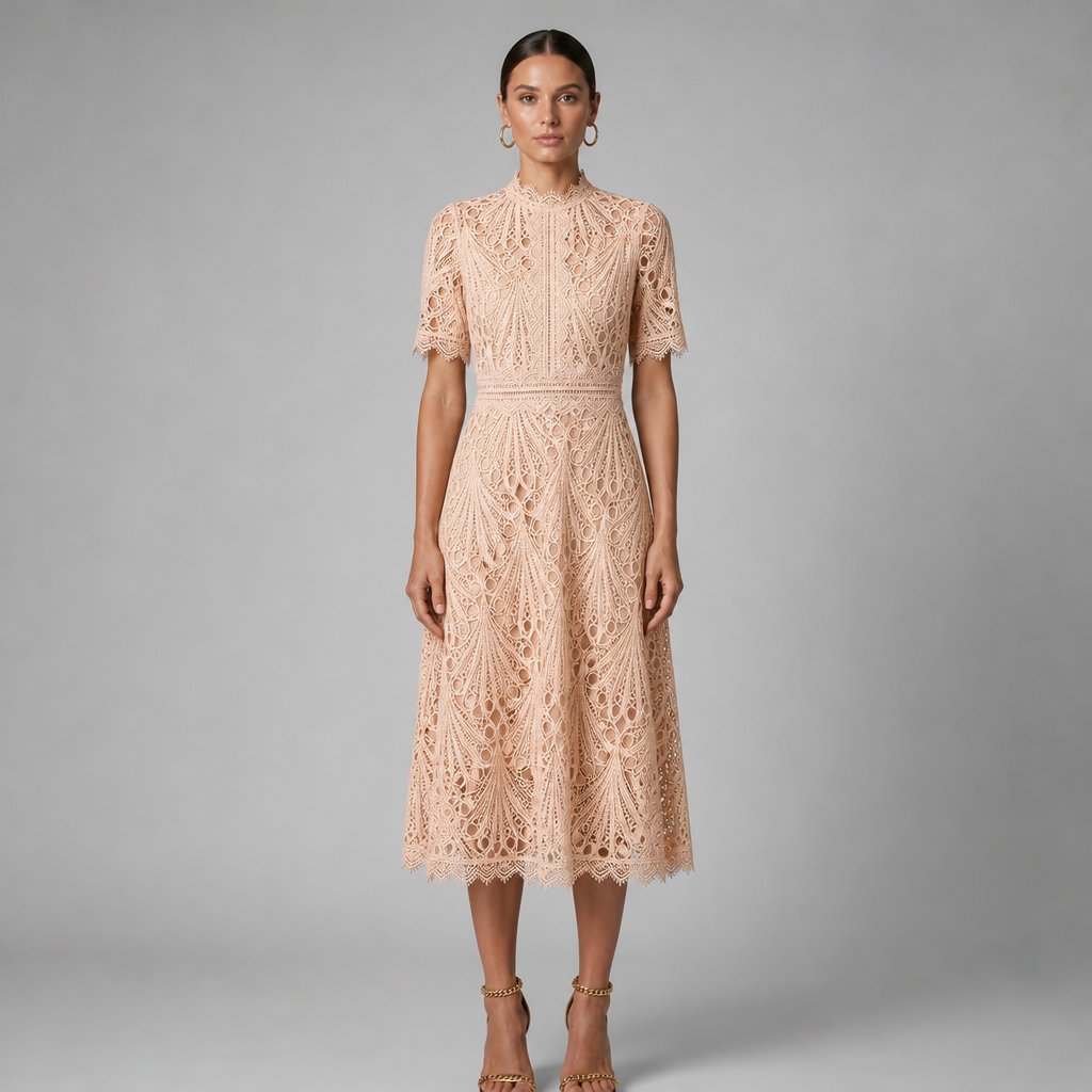 Bellagio Geometric Lace Midi Dress in Apricot