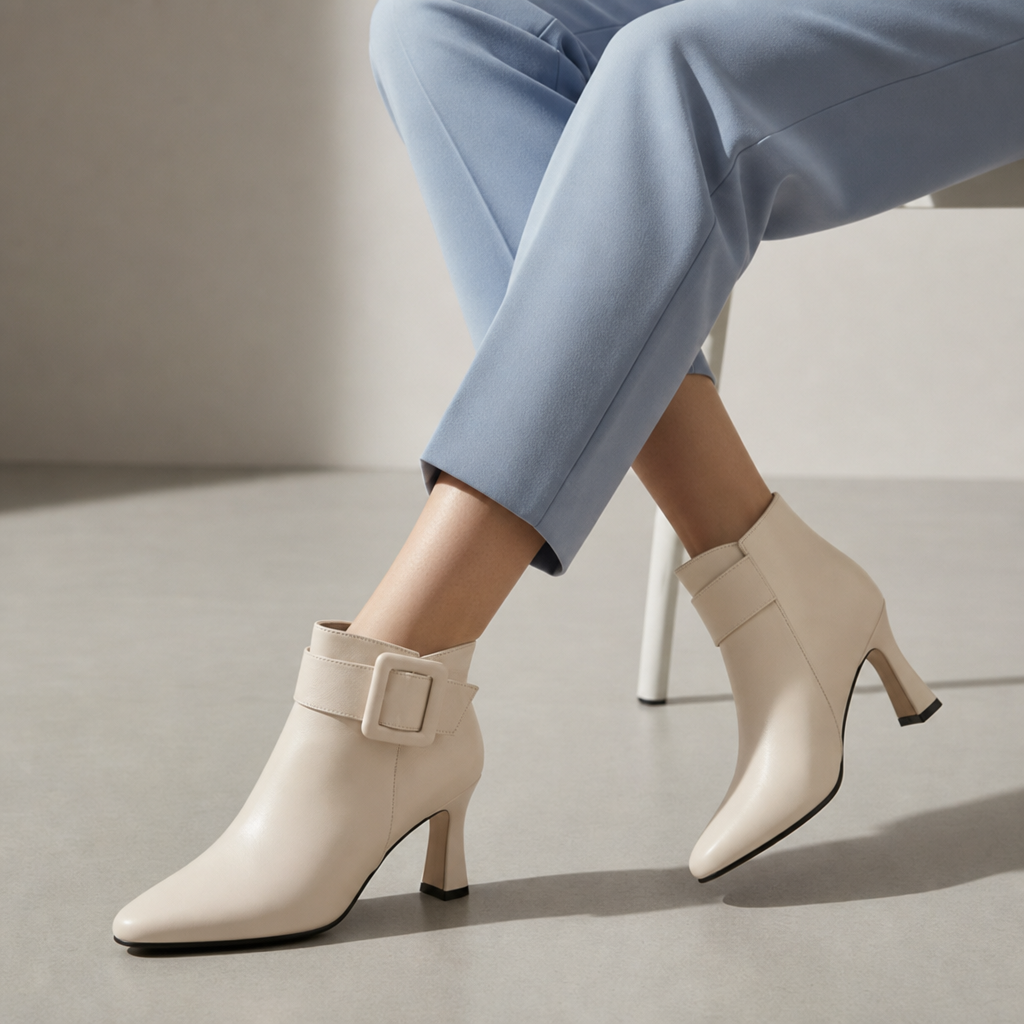 Camogli Buckle Flared Heel Boots in Beige