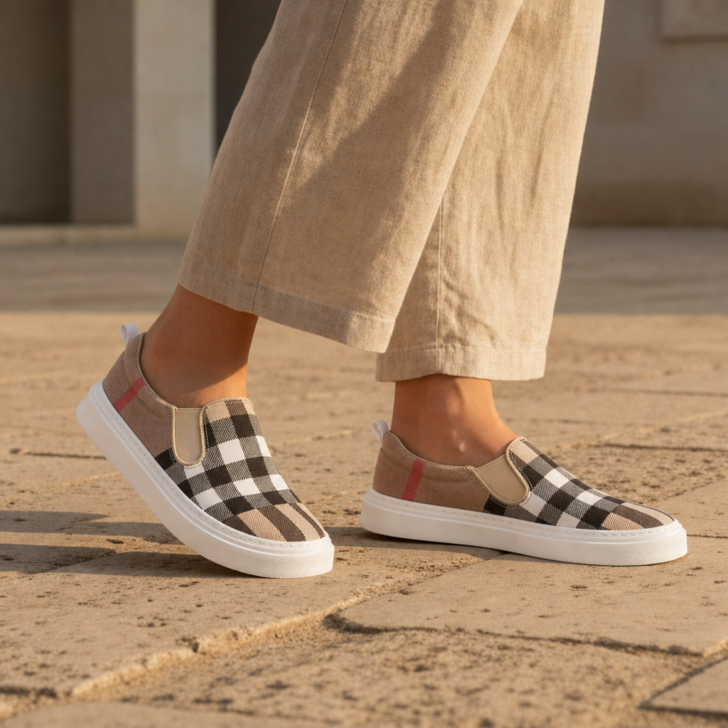 Sliema Plaid Canvas Slip-Ons in Beige