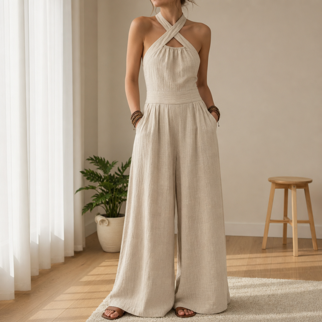 Sanremo Cross Halter Jumpsuit in Beige