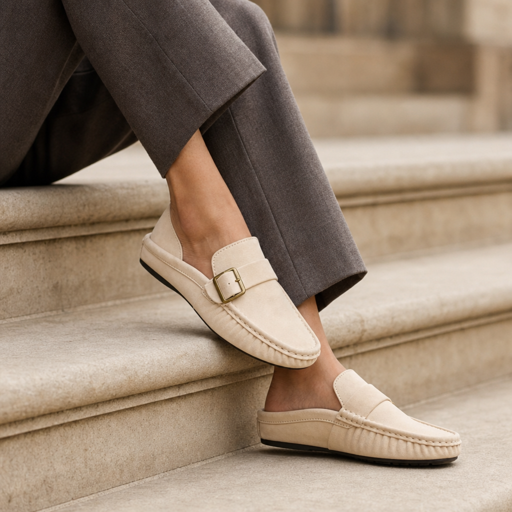Begur Suede Buckle Mules in Beige