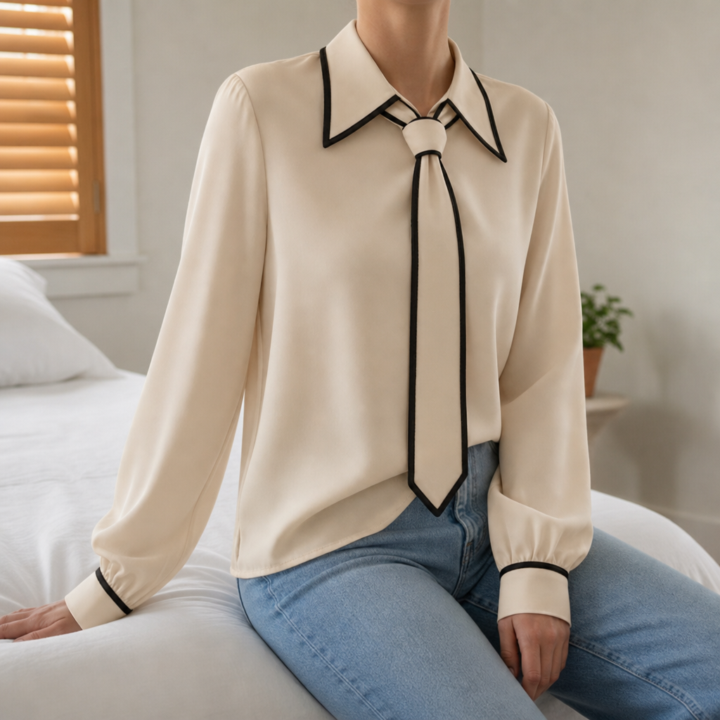 Trujillo Contrast Tie Blouse in Beige