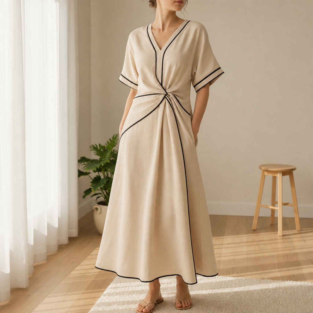 Villefranche Twist Front Midi Dress in Beige