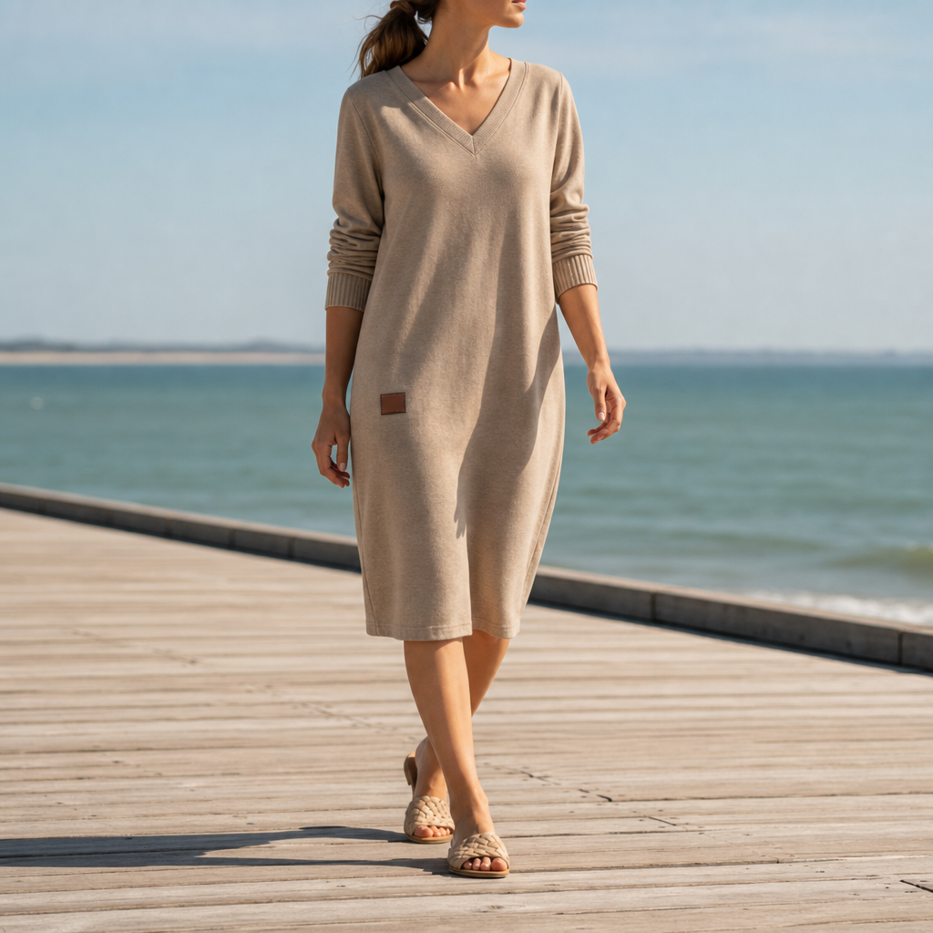 Formentera V-Neck Cozy Midi Dress in Beige