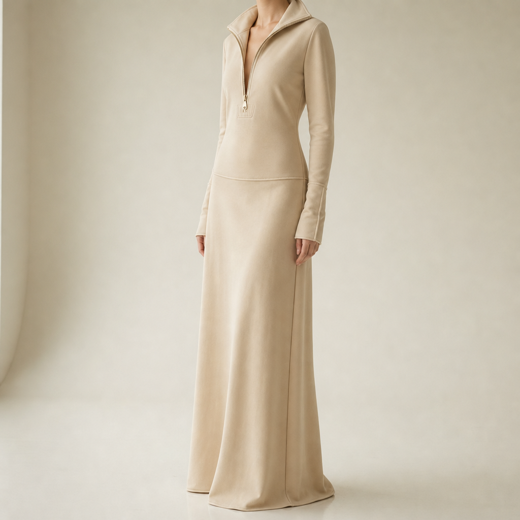 Rimini Zip-Up Maxi Dress in Beige